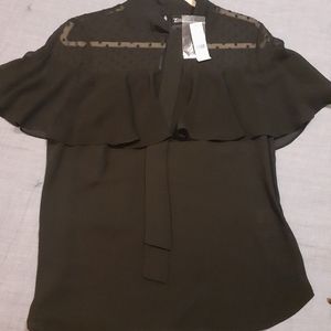 New York & Co. Black sleeveless, ruffle blouse.